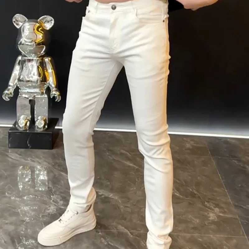 European Fashion White Jeans Men 2024 Summer Solid Color Streetwear Biker Elastic Skinny Zips Simple Casual Long Denim Trousers XJ250707