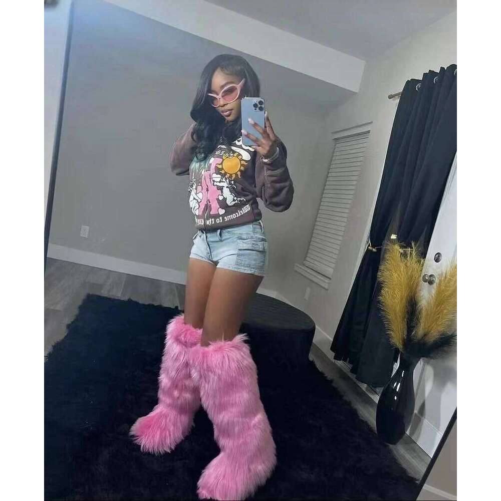 Winter Women Snow Faux Fur Long Warm Plush Platform Knee-High Boot Outdoor Furry Cute Over-The-Knee Boots Girls Y2k