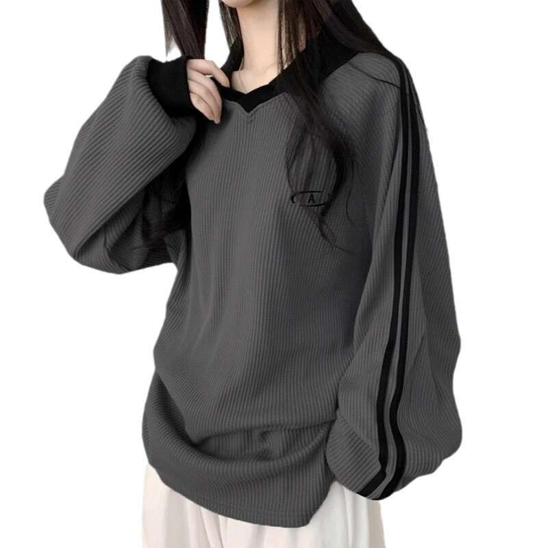 Trendy Brand College Style Color-Block Polo Collar Striped Sweatshirt Women Autumn Winter Loose Versatile Mid-Length T-Shirt For Couples B5