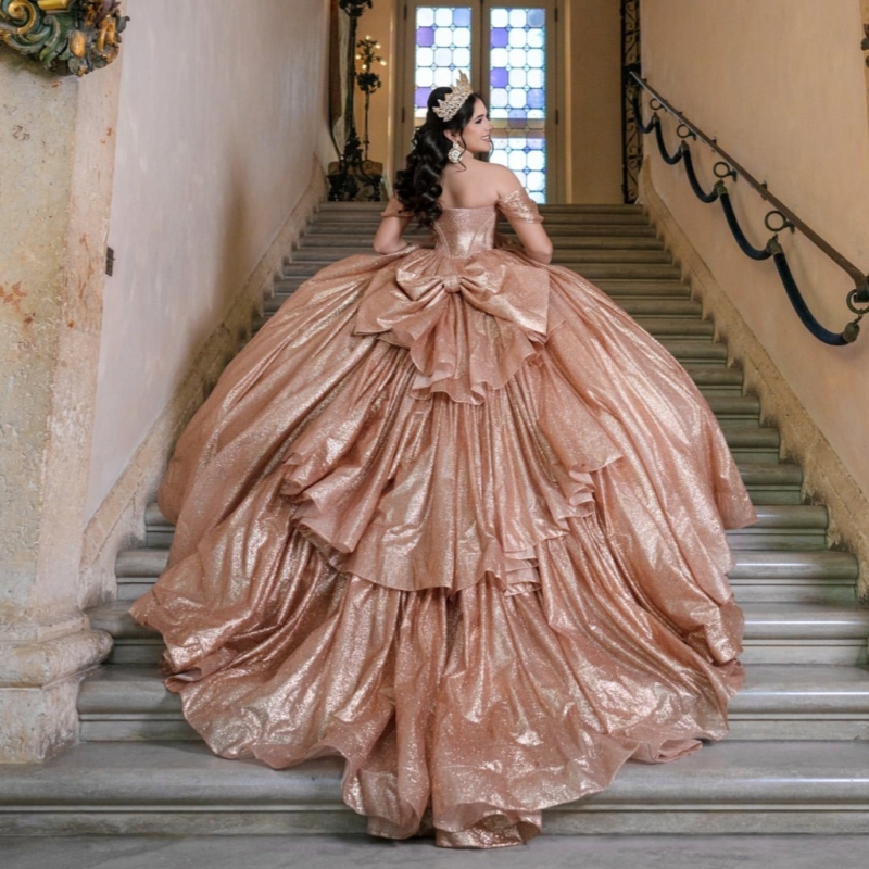 Rose Gold Shiny Quinceanera Dresses Ball Gown Off The Shoulder Beading Crystal Bow Tull Corset Party Birthday Sweet 16 Dress Vestidos De 15 Anos