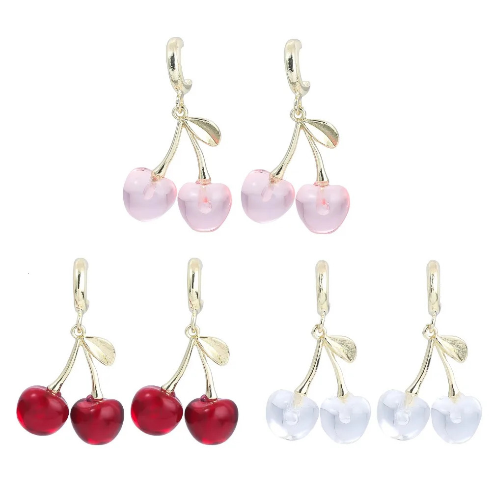 Sweet Cherry Leaf Earrings Summer Red Transparent Cherry Fruit Fashion Dangle Earrings for Women Wedding Party Jewelry Gift 250701