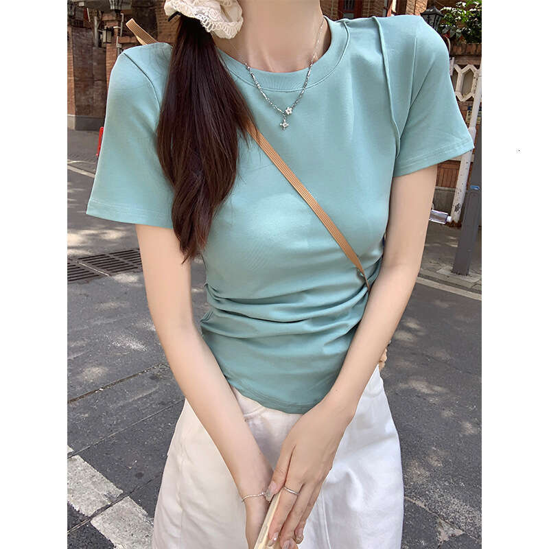 Lake Green Regular Shoulder Short Sleeve T-Shirt For Women Summer Style Ruched Slim Fit Versatile Irregular Top B5