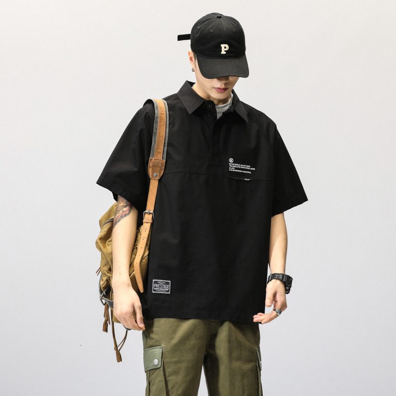 Japanese Style Handsome Workwear Polo Collar Shirt Men Summer American Designer Short Sleeves Retro Short Sleeve T-shirt Trendy Brand Turn-down Collar