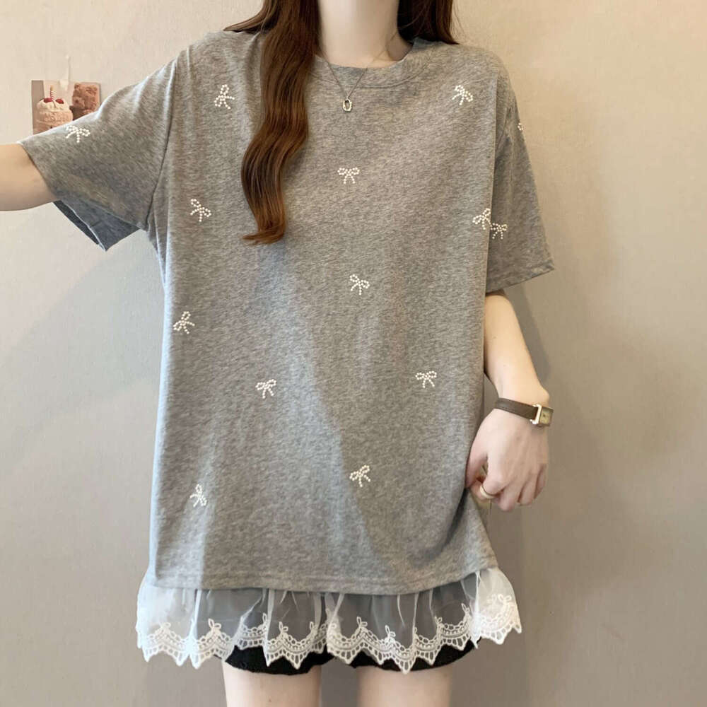 Plus Size Bowknot Patchwork Lace Trim Short Sleeve T-Shirt For Women Summer Sweet Style Mid-Length Versatile Casual Top B5