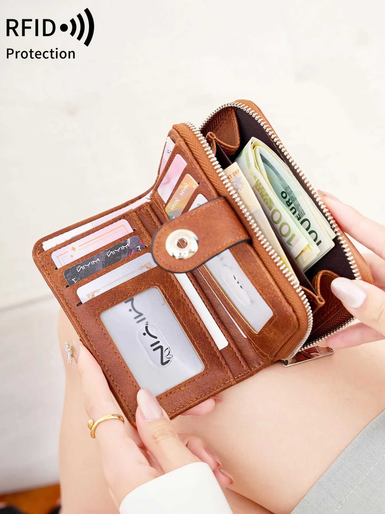 New Wens Wallet Trifold RFID Short Wallet Fi Large Capacity Buckle Zipper Coin Wens Coin Purse Card Holder Y250707