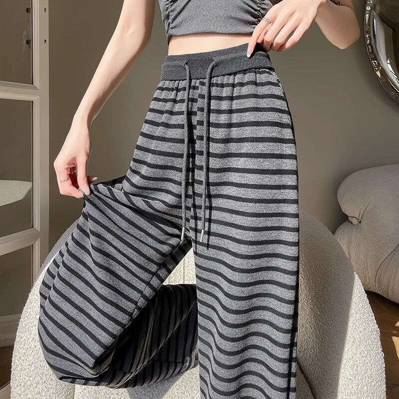 Striped Wide-Leg For Women Spring New Elastic Waist Drawstring Lazy Loose High-Waist Draped Casual Sports Pants B5