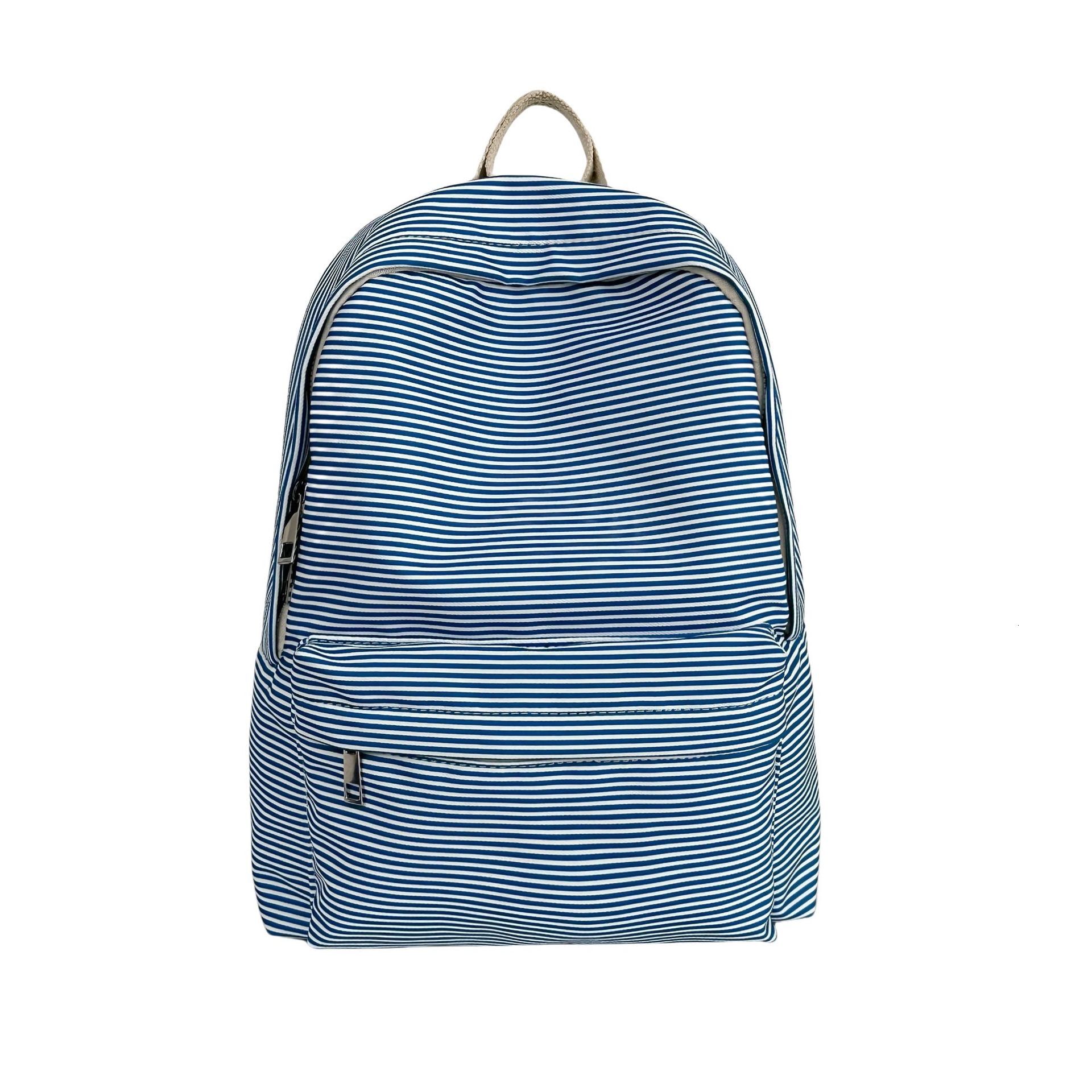 Free shipping designer Korean Style Lazy Style Class Outgoing Travel Large Capacity Schoolbag Blue and White Striped casual Internet Celebrity Hot Sty