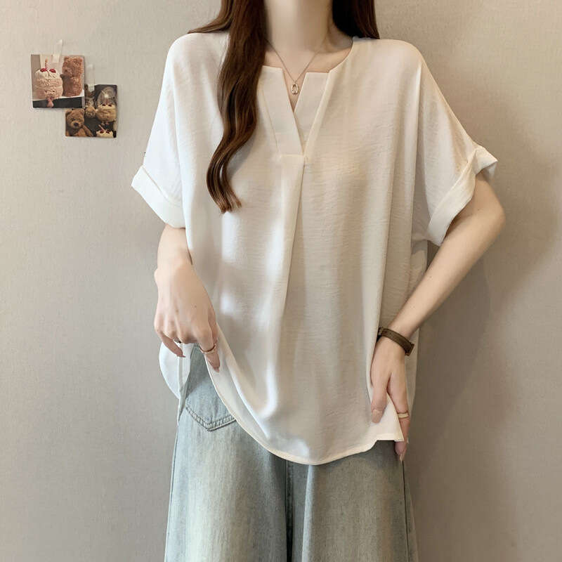 Plus Size Regular Shoulder Orange Red V-Neck Short Sleeve T-Shirt For Women Summer Style Solid Color Casual Simple Slimming Belly-Covering Top B5