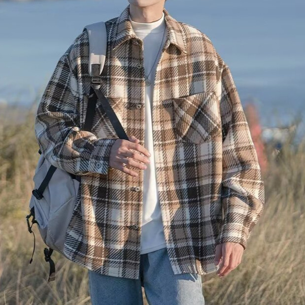 Woolen Plaid Lapel Jacket Men Hong Kong Style City Boy Shirt Jacket Spring Autumn Loose Designer Short Sleeves Versatile Youthful Shirt