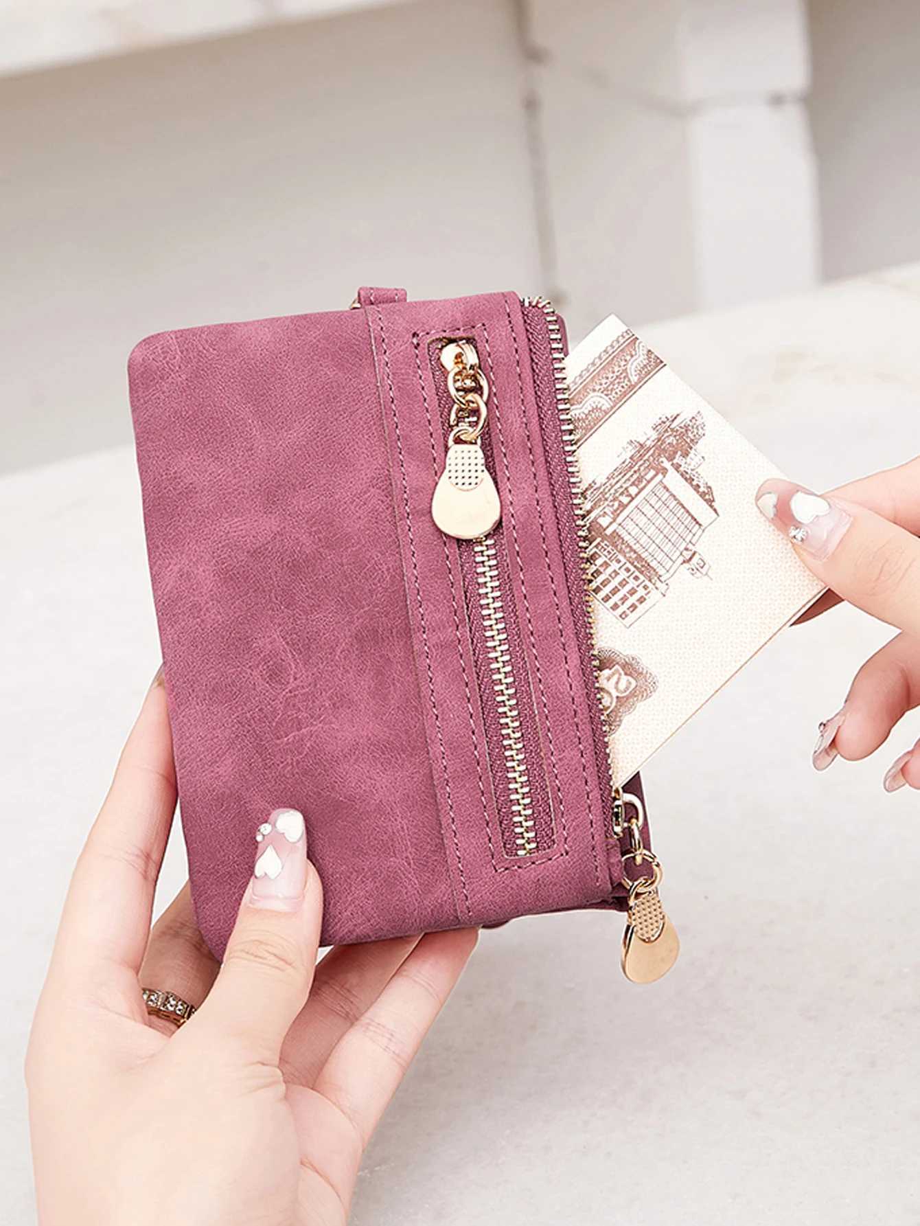double fold PU leather short wallet with zipper coin pocket mtiple card slots and wrist band casual portable card clip Y250707