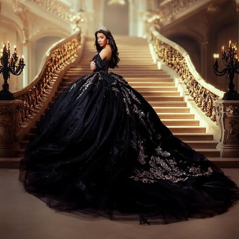 Black Shiny Quinceanera Dresses Ball Gown Off Shoulder Appliques Lace Beads Bow Tull Sweet 16 Dress Vestidos 15 De Anos