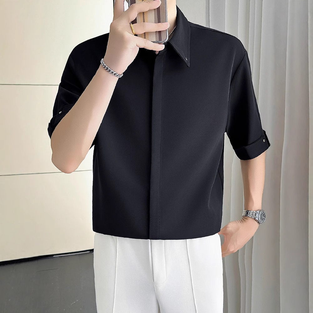 2025 Super Popular Men's Short Sleeve Designer Short Sleeves Shirt Draped Summer Ice Silk Clothing High-end Cool Seven-quarter Sleeve Hidden Butt
