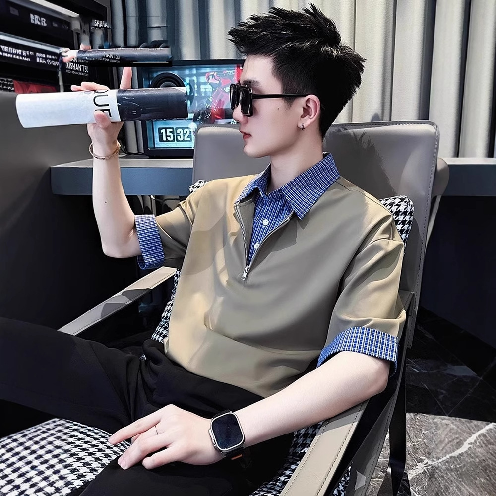 High-end Fake Designer Short Sleeves Two-piece Polo Shirt Men's Short-sleeved T-shirt 2025 New Summer Ice Silk Three-quarter Sleeve V-neck Shirt 