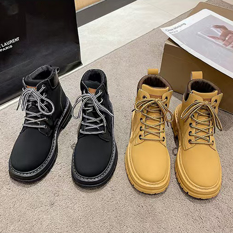 Top High Quality Women Leather Shoes Fashion Outdoor Sneakers Men Lace Up Non-Slip Ankle Boots for Couple Yellow slippers, retro style
