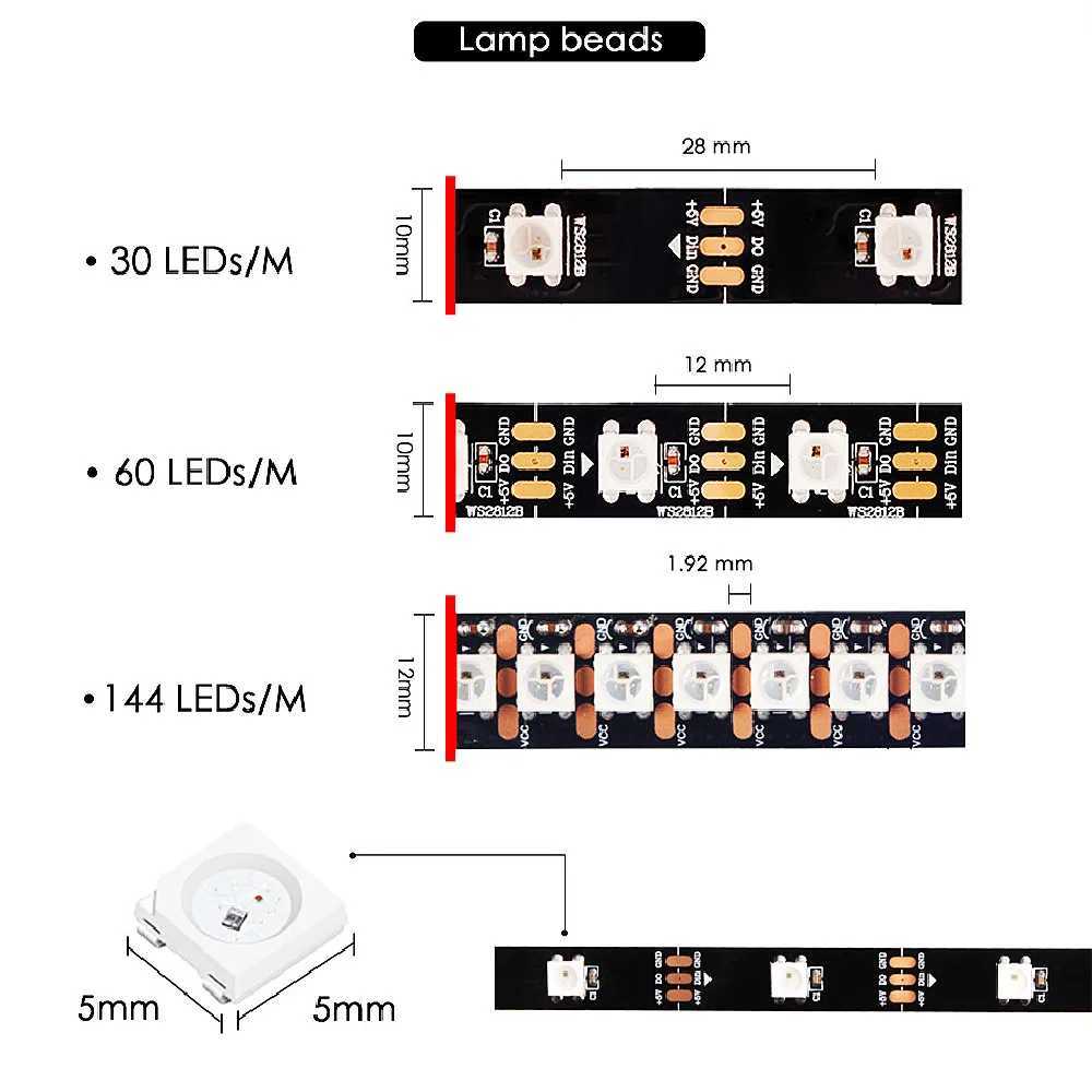 LED Strip Light WS2812B 1M-5M RGB 5050 String Flexible Lamp Tape DC 5V USB Bluetooth Control TV Backlight Home Party Decoration W250701