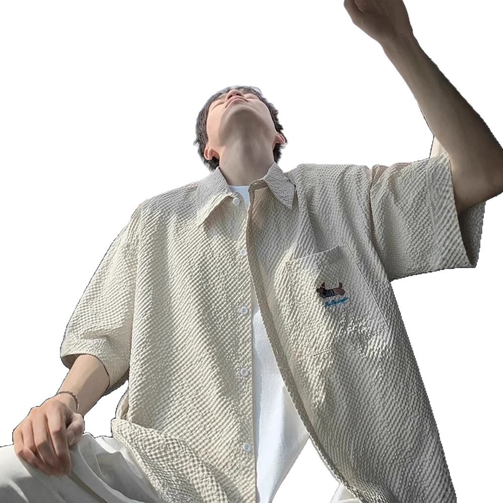 Bubble Gauze Designer Short Sleeves Quick-dry Short Sleeve Shirt For Men, Summer Thin Dachshund Dog Embroidery Turn-down Collar Shirt, Youth Half-slee