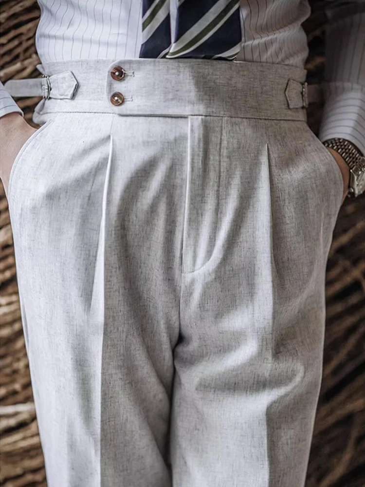 2025 Summer Casual Draped Straight Trousers For Men Office Fashion Solid Color Pleated Suit Pants Mens Vintage Trousers Naples 250707