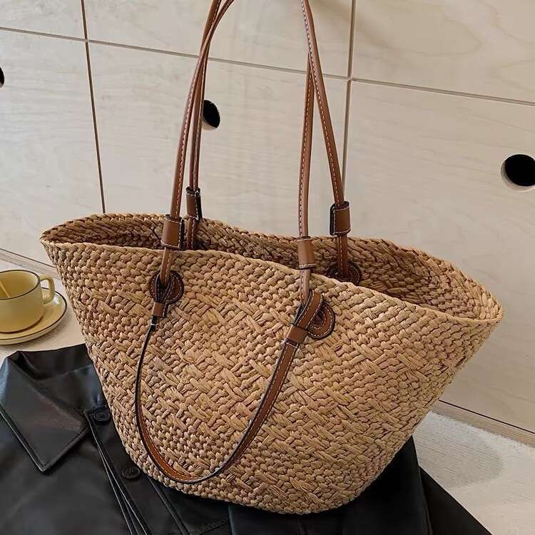 Handmade Straw Large Capacity Shoulder Basket New Summer Beach Vacation Color Block Tote Bag