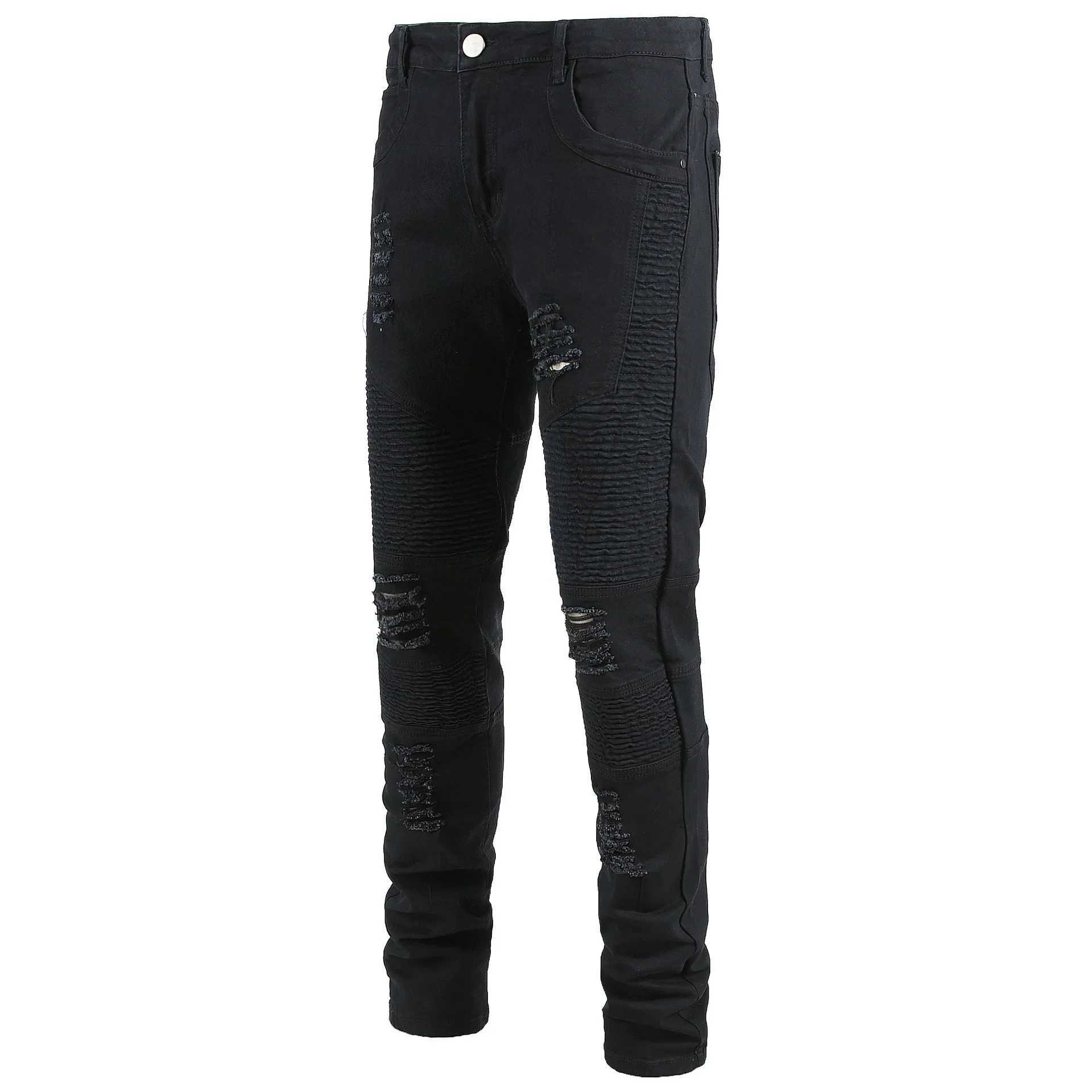 Trendy Brand Motorcycle Mens Jeans Unique Ripped Slim Fit Streetwear High Elasticity Smooth Slimming Effect Casual Denim XJ250707