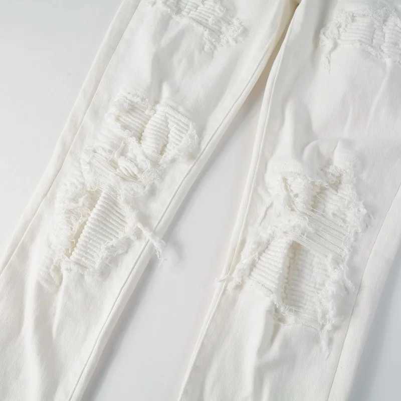 Sokotoo Mens White Stretch Ripped Biker Jeans Slim Skinny Pleated Patchwork Denim Pants XJ250707