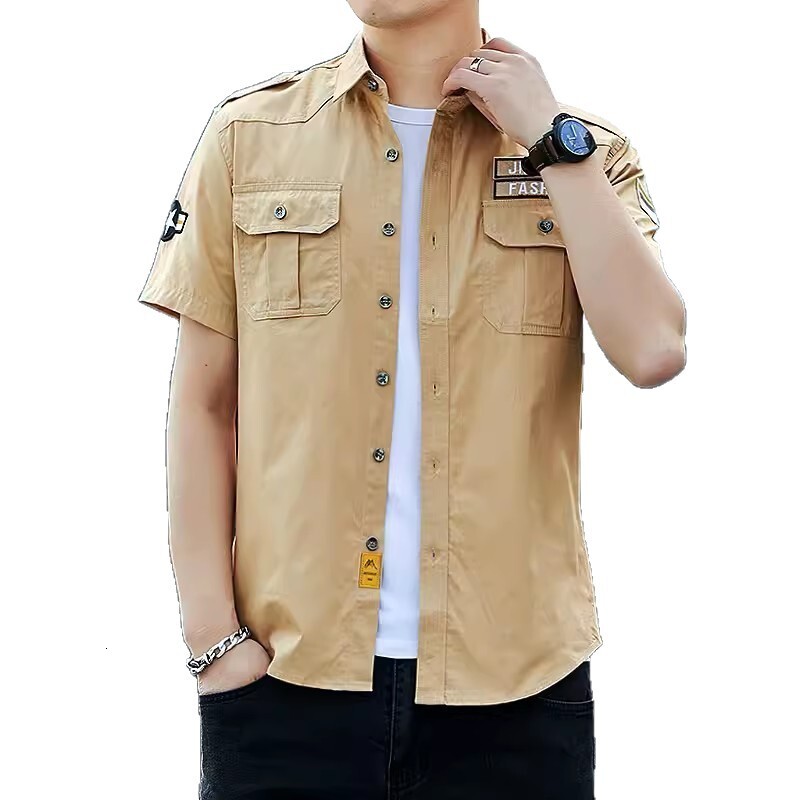 Trendy Brand All-cotton Work Shirt Short Sleeve Men Summer New Slim Designer Short Sleeves Fit Army Green With Pockets Military Style Casual Shirt