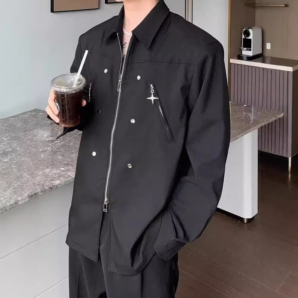 Fashion Niche 2025 Spring Designer Short Sleeves Autumn Turn-down Collar Shirt Men Loose Casual High Street Cool Double Zipper Deconstructed Long Slee