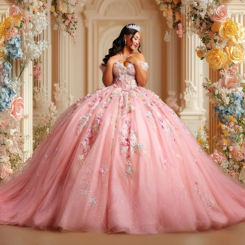 Pink Shiny Quinceanera Dresses Ball Gown Off Shoulder Appliques Flower Beading Tull Corset Sweet 16 Dress Vestidos 15 De Anos