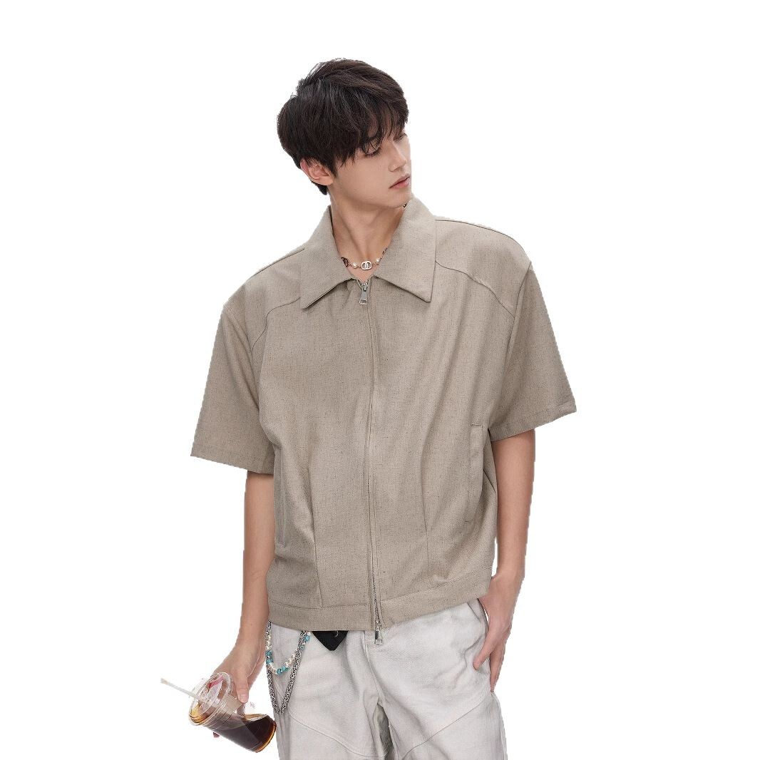 Clenafit Double Zipper Short Sleeve Shirt Jacket Men Summer American Style Trendy Brand Designer Short Sleeves Simple Loose Short Padded Shoulder Shir