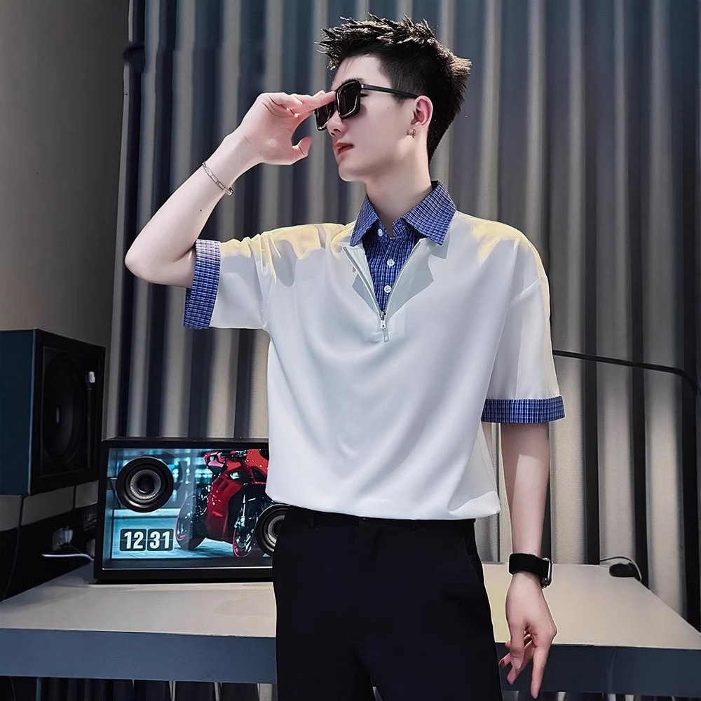 High-end Fake Designer Short Sleeves Two-piece Polo Shirt Men's Short-sleeved T-shirt 2025 New Summer Ice Silk Three-quarter Sleeve V-neck Shirt 
