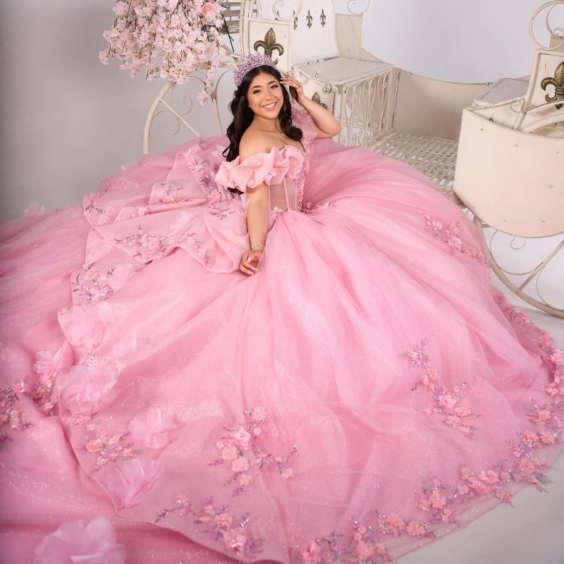 Pink Quinceanera Dresses Ball Gown Off Shoulder Appliques Flower Beads Tull Corset Sweet 16 Dress Birthday Party Vestidos 15 De Anos