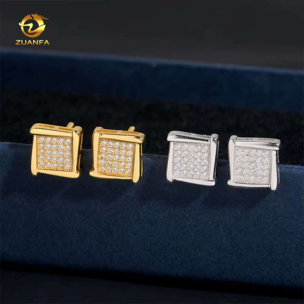 925 Silver Jewelry Square Stud Iced Out Hip Hop Diamond Moissanite Earrings for Men