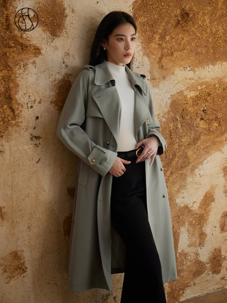 DUSHU Classic British Style Mid Length Trench Coat Autumn Retro Style Jacket For Women Grey Casual Loose Women Trench 250703