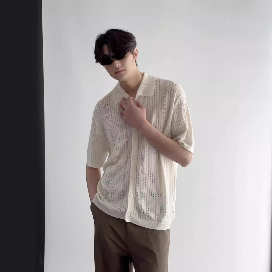 Hong Kong Style Retro Hollow Out Turn-down Collar Short Sleeve Men's Knitted Shirt Fashionable Lace Breathable Shirt Cardigan Designer Sleeves T-