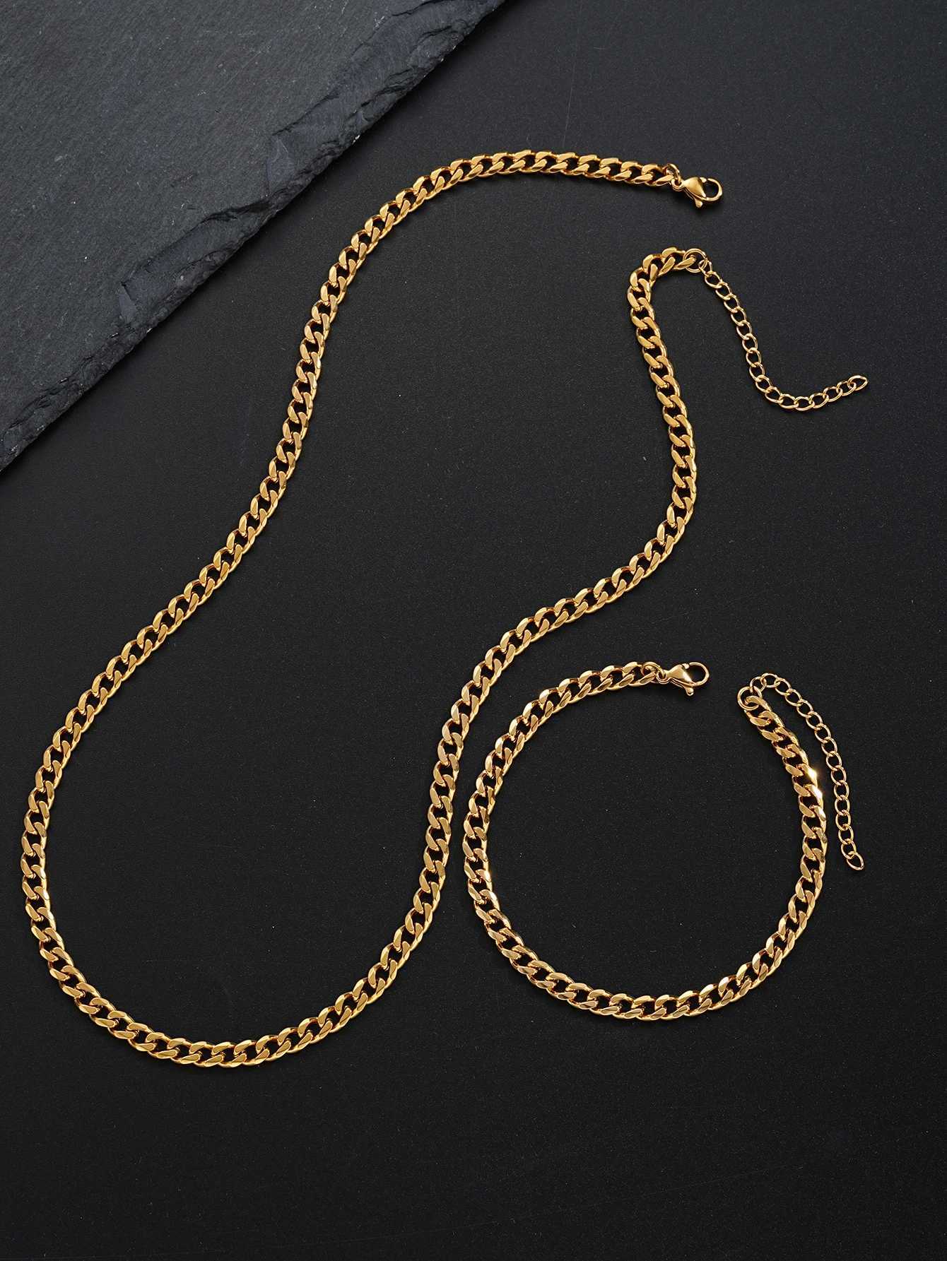 2024 Punk Stainless Steel Gold Color Rope Necklace Bracelet Set Fashion Minimalist Jewelry Set for Men Women Unisex Simple Gift XJ250707
