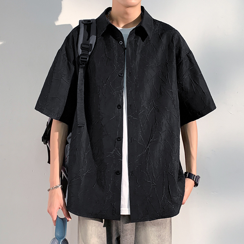 Japanese Style Cityboy Short Sleeve Shirt Men's Summer Trendy Designer Short Sleeves Textured Crack Design Five-quarter Sleeve Shirt Jacket