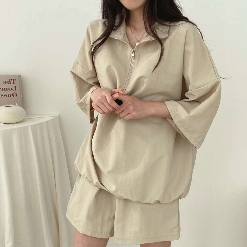 Stand Collar Zipper Short Sleeve For Women Summer New Fashion Casual Sportswear Two-Piece Set Trendy B5