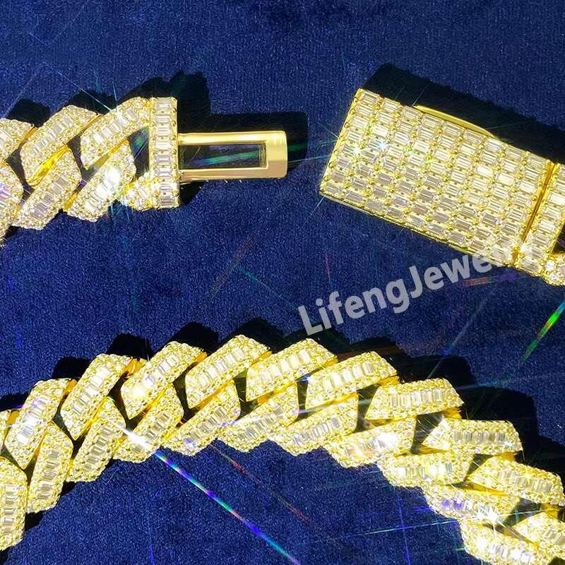 Custom Luxury 18mm Baguette VVS Moissanite Necklace With 925 Silver 18K Gold Cuban Link Chain Iced Miami Hip Hop Style