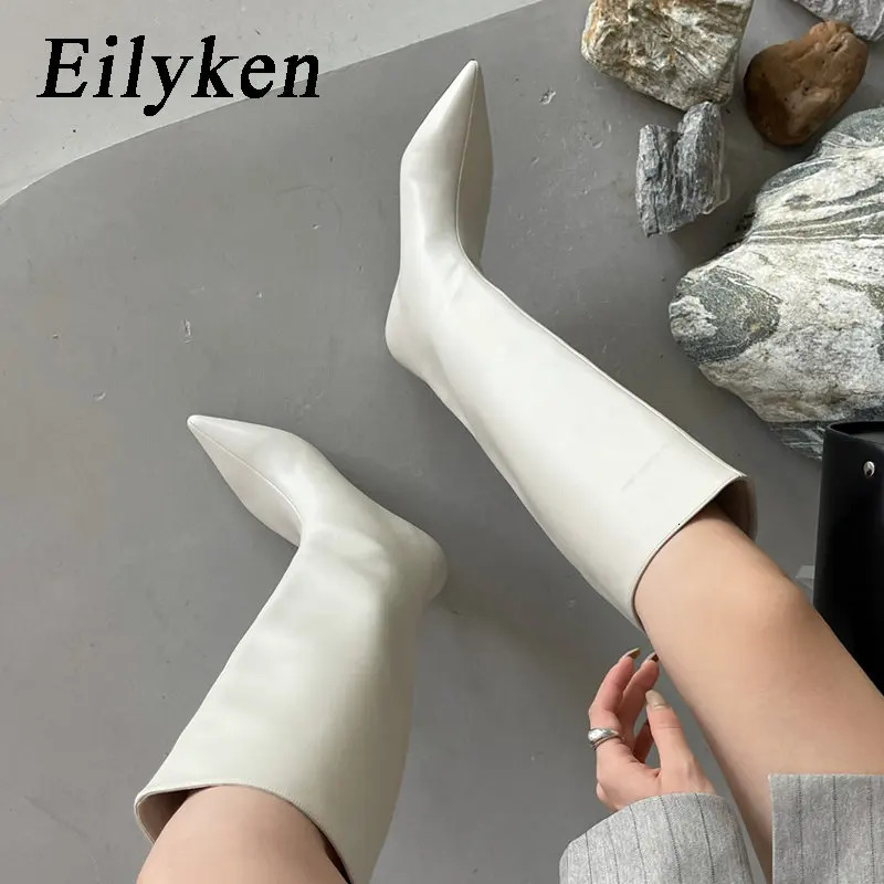 Eilyken High Quality Soft Leather Pointed Toe Knee-High Boots Woman Cosy Slip-On Low Heels Spring Autumn Ladies Shoes 250717