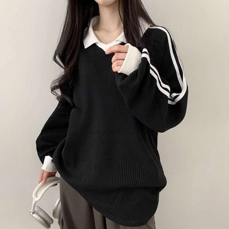 Trendy Brand College Style Color-Block Polo Collar Striped Sweatshirt Women Autumn Winter Loose Versatile Mid-Length T-Shirt For Couples B5