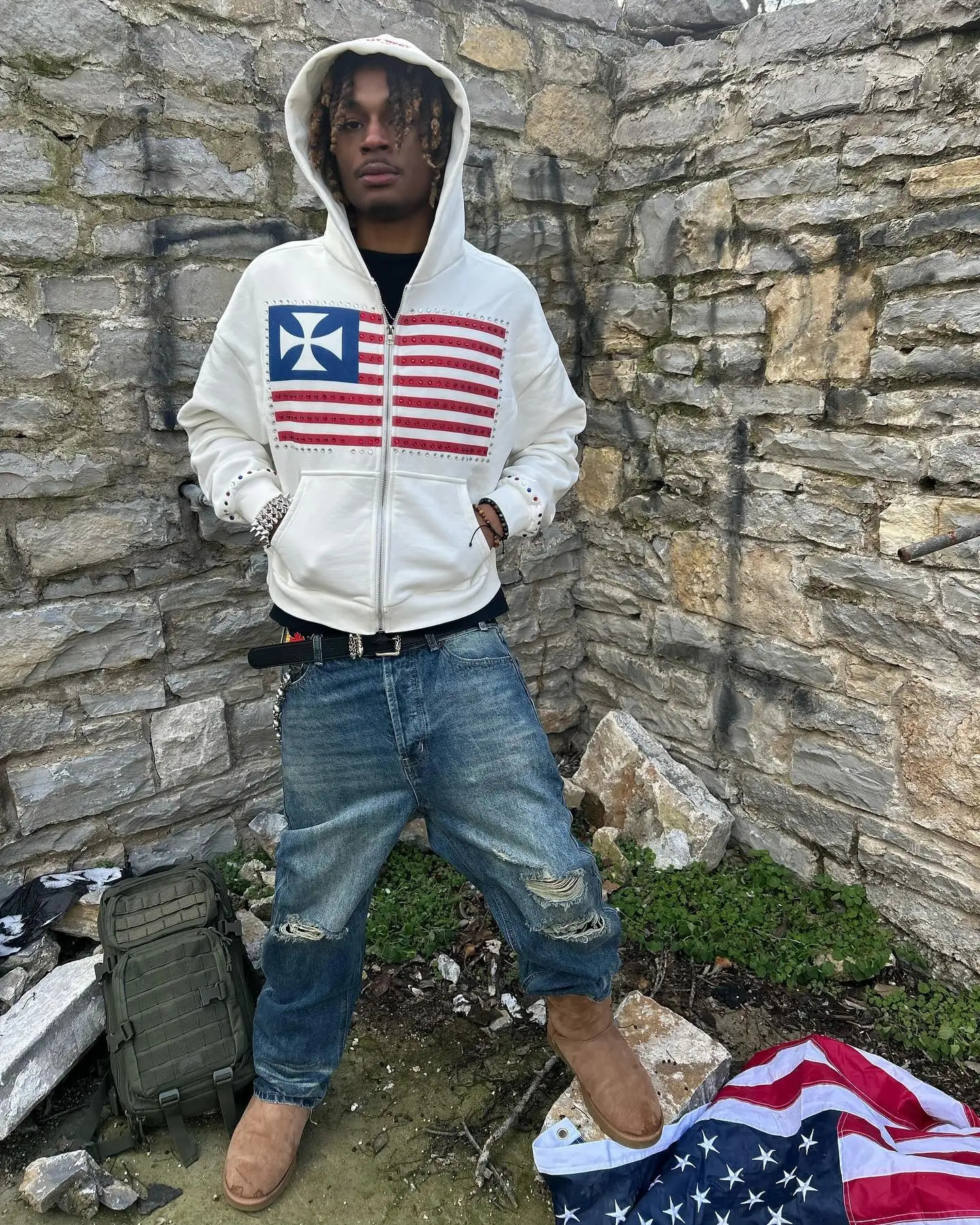 America National Flag Rhinestone Embroidery Zipper Hoodie Y2k Gothic Loose Cotton White Hoodies Sweatshirt Street Men Clothing 250707