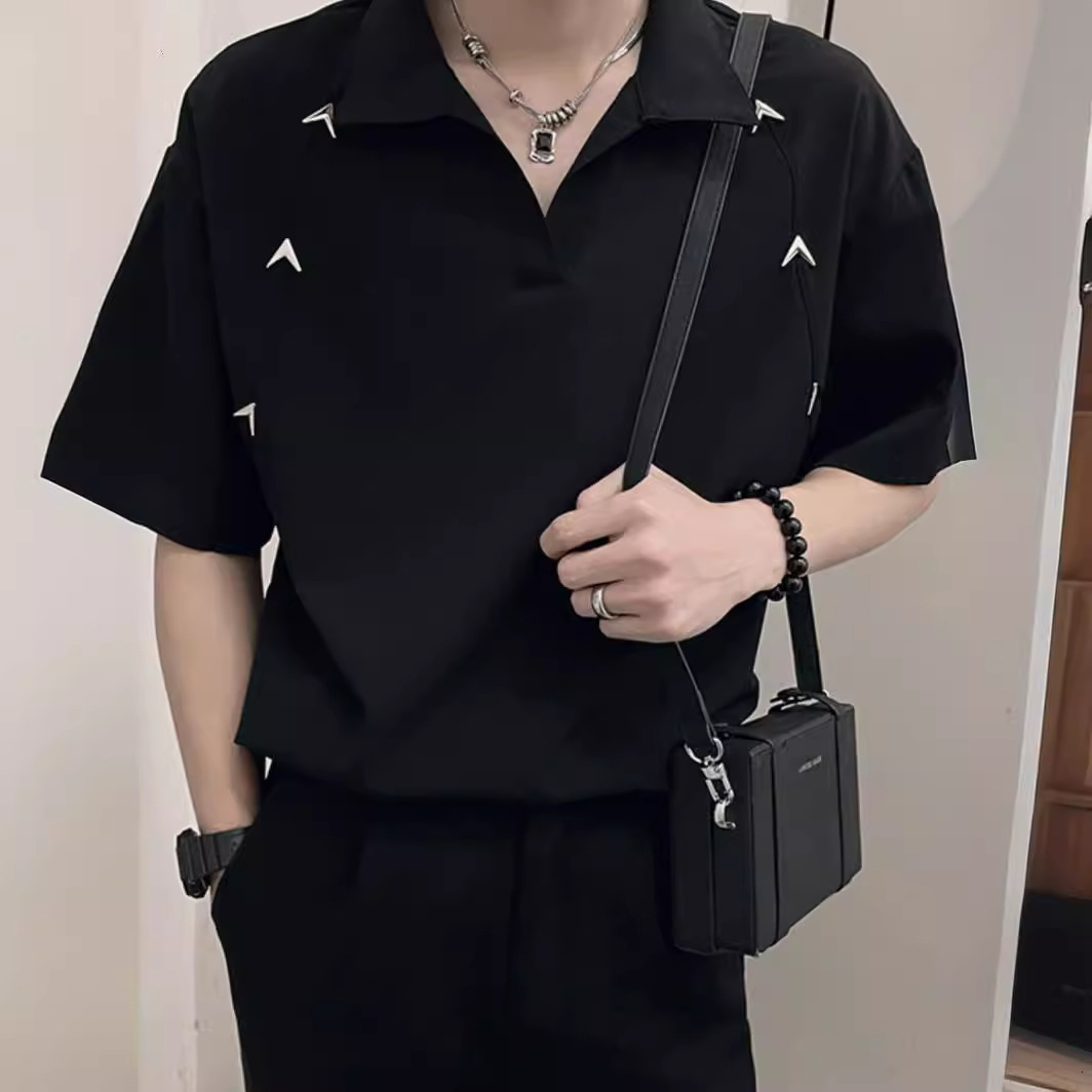 Korean Version Polo S For Men, Designer Short Sleeves Trendy Brand Design, Metallic White V-neck, Regular Shoulder Short Sleeve T-S, Fashionable Ice F