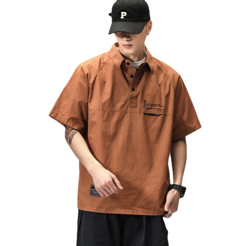 Japanese Style Handsome Workwear Polo Collar Shirt Men Summer American Designer Short Sleeves Retro Short Sleeve T-shirt Trendy Brand Turn-down Collar