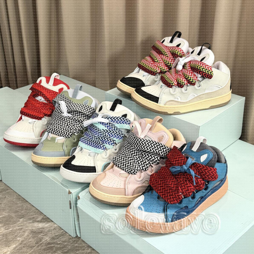 Luxury Curb Nappa Leather Sneakers Calfskin Platform Shoes Men Dress Shoes Embossed Denim Blue Pink Green Rubber Sole Casual Top Quality Trainers