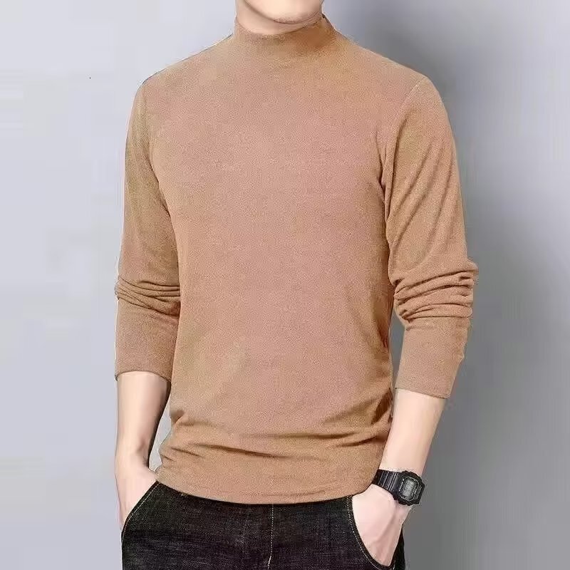 Warm Fleece Lined Mid-high Collar T-shirt For Men 2025 New Autumn Winter Thermal Base Shirt Ins Style Versatile Designer Short Sleeves Long Sleeve Top