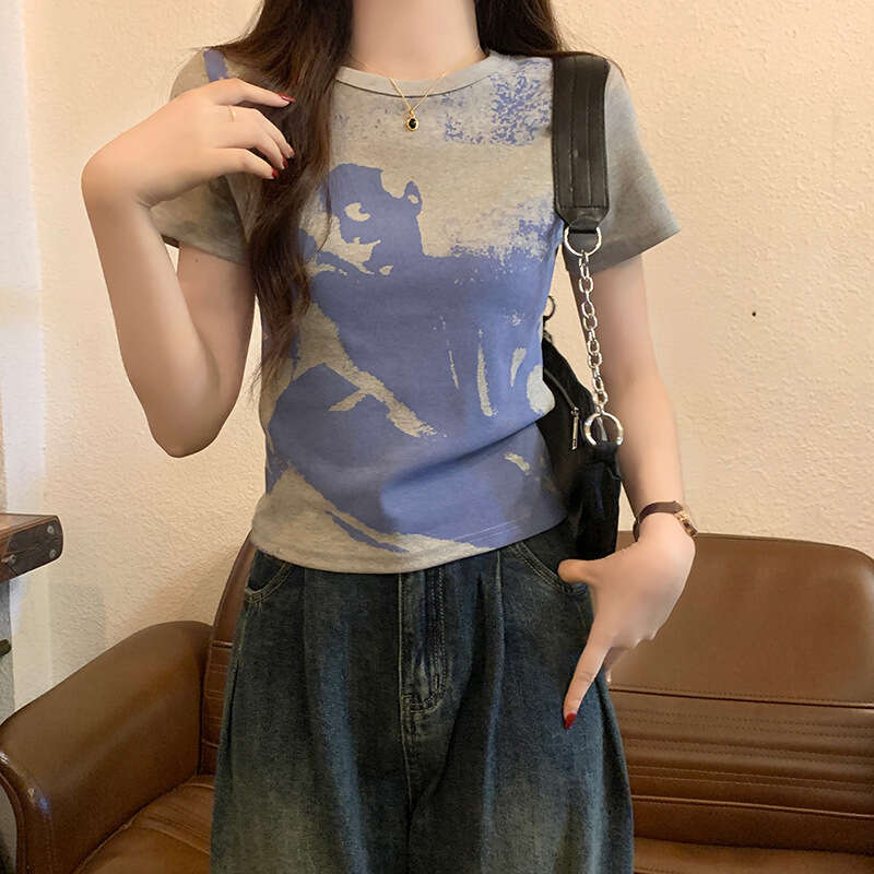 Summer New Tie-Dye Gray Sweet Regular Shoulder Round Neck Sleeve T-Shirt For Women Slim Fit Short Top Trendy B5