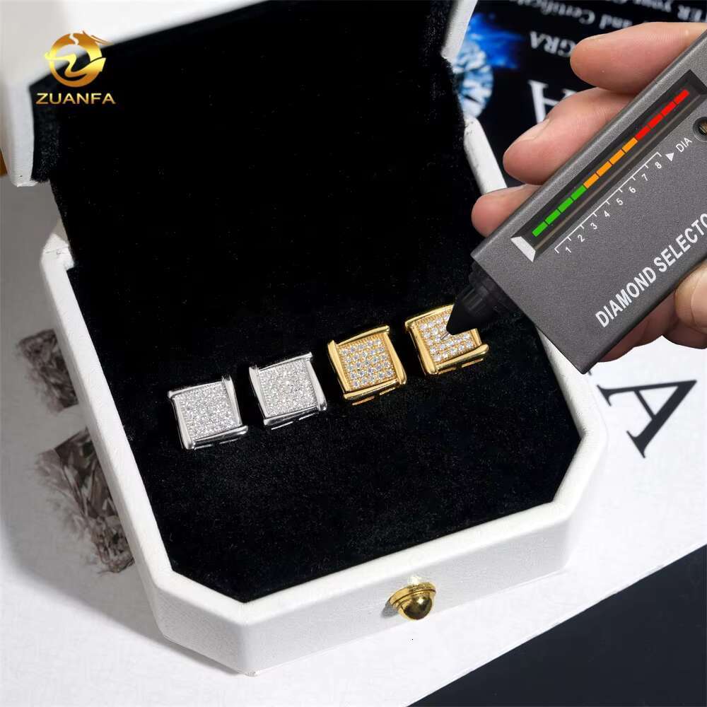 925 Silver Jewelry Square Stud Iced Out Hip Hop Diamond Moissanite Earrings for Men
