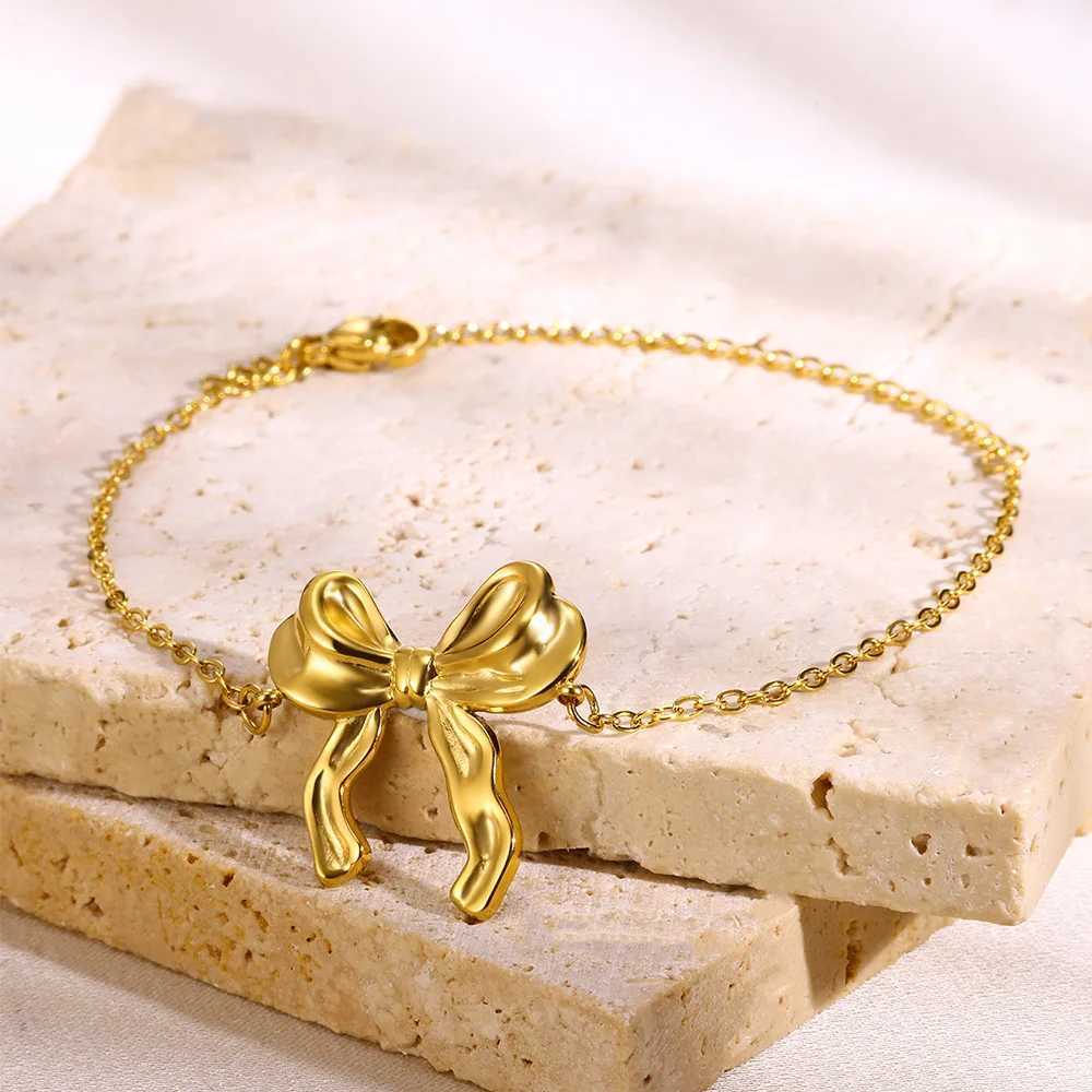 Gold Color Stainless Steel Bracelets For Women Bowknot Bow Chain Bracelet Waterproof Metal Statement Fashion Jewelry XJ250707