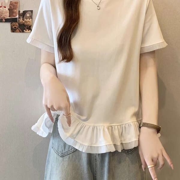 Plus Size Design Sense Right Shoulder Ruffle Short Sleeve T-Shirt For Women Summer Style Age-Reducing Slimming Versatile Niche Top B5