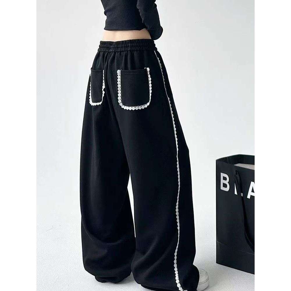 Wind Lace Trim Sweatpants For Women, Spring And Autumn Loose Wide-Leg Straight Pants, High Street Sweatpants, Dance Pants B5