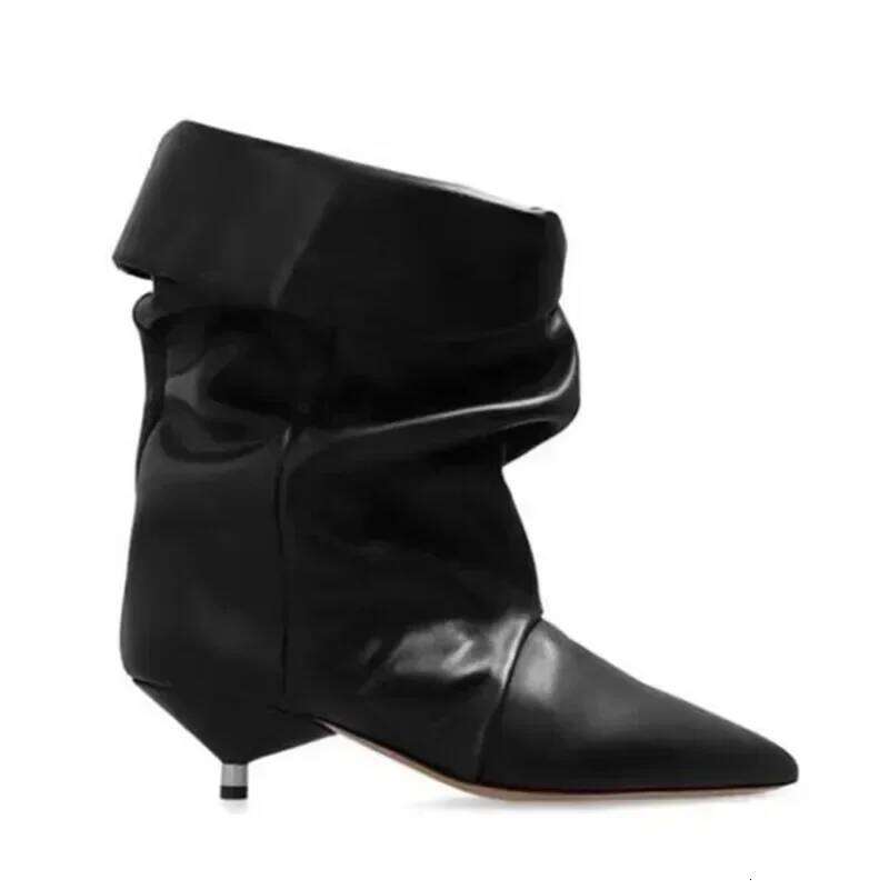 European And American Women's New Pointed Pleated 5Cm Thin Heel Fringed Calf Knight Boots, Plus Size Mid Length Boots